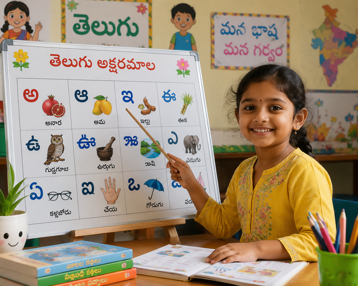 A child pointing to letters on a Telugu alphabet chart in a classroom