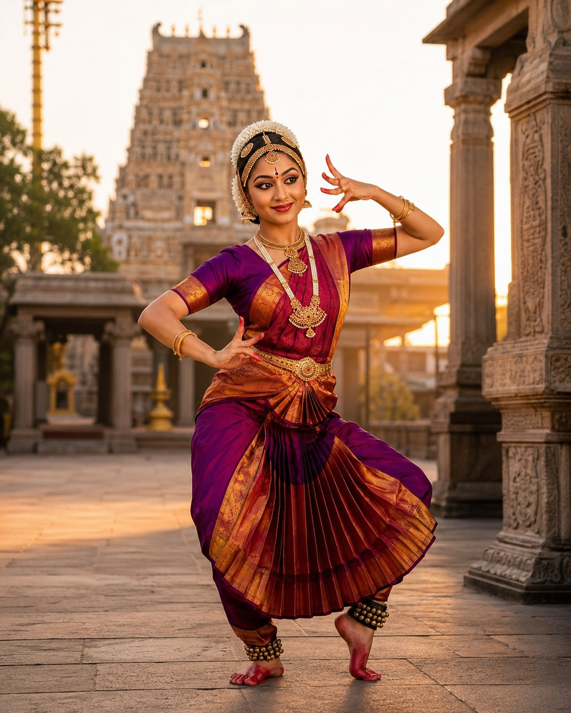 A Bharatanatyam dancer performing in front of a temple gopuram at sunset
