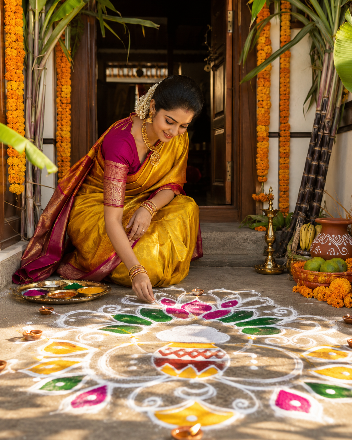 A woman drawing a coloured muggu at her doorstep during Sankranti